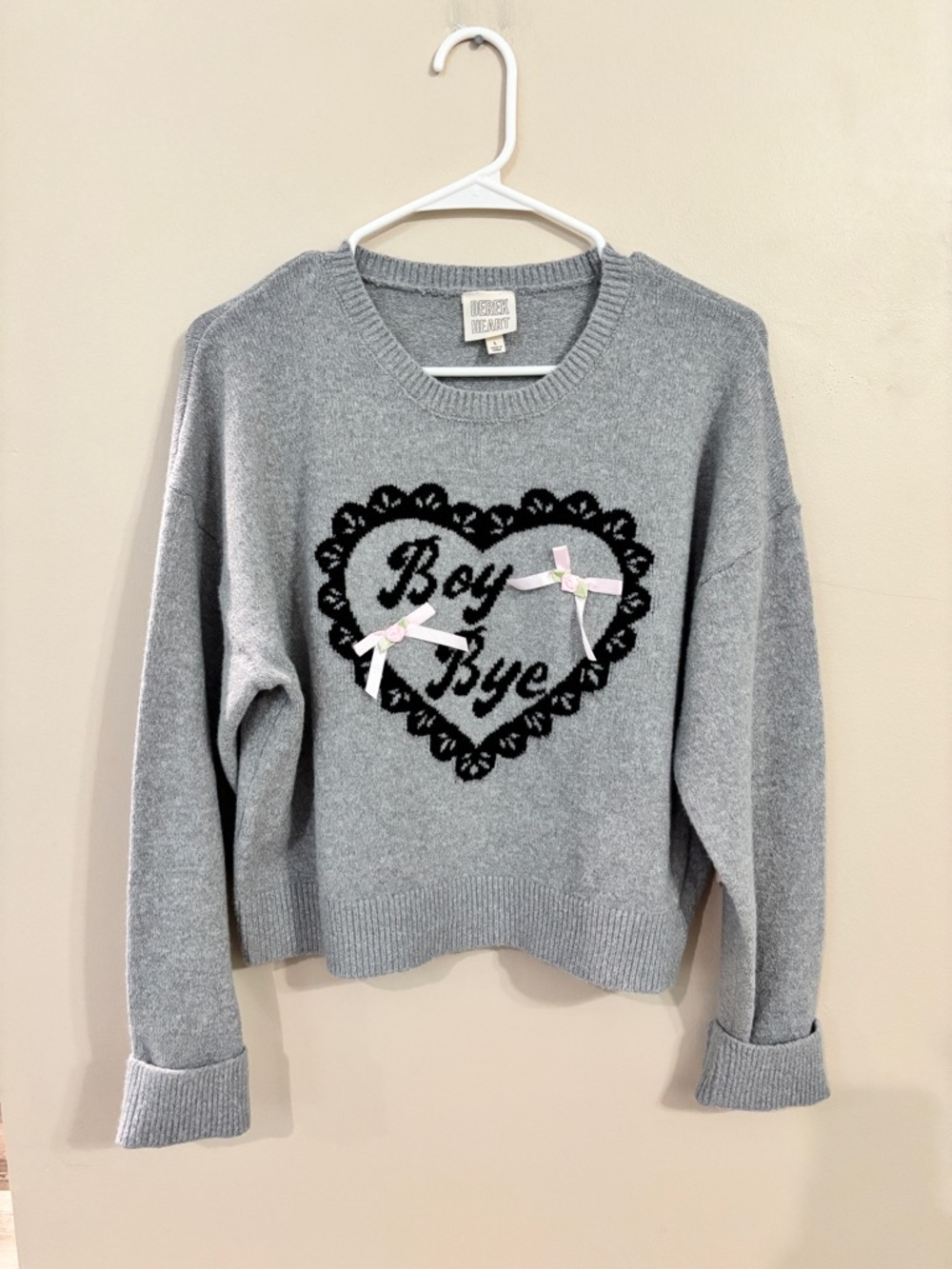 Derek Heart 'Boy Bye' Coquet Heart Grey Knit Sweater